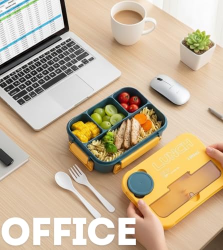Cilox Bento Lunch Box for Kids with 4 Compartments 1300 ml (44 OZ), Utensils and Leak-Proof Lid, Microwave and Dishwasher Safe, Bento Box Adult Blue and Yellow - image 4