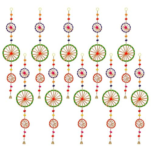 Image of eCraftIndia Multicolor Rings with Pom|Pom Tassels Bell Hangings (Pack of 10) - Wall /Door Hangings, Toran for Home Decor | Haldi Mehandi Wedding, Ganesh Chaturthi, Navratri, and Diwali Decoration Items