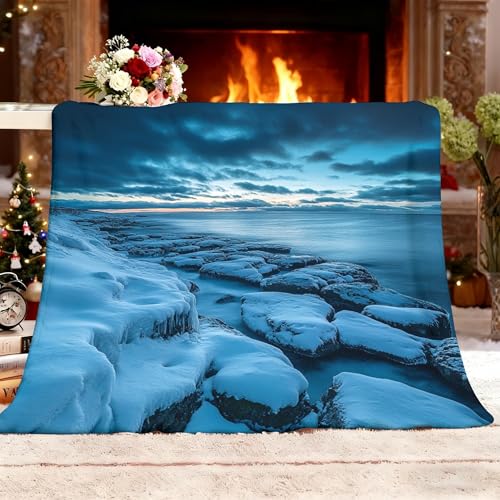 Genérico Manta Sofá L 100x130cm Costa Rocas Nieve Auroras Boreales Franela Mantas Térmica Azul Oscuro Manta Cama Multifuncional Esponjosa para Dormitorio Sofá Viajes Camping Blanket