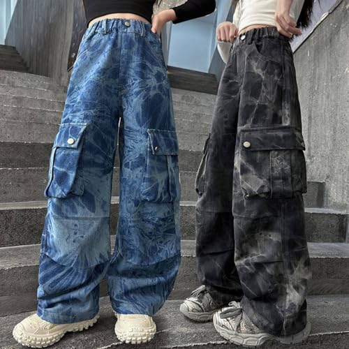 Girls Cargo Pants 𝗩intage Casual Wide Leg Elastic Waist Jeans Straight Leg Loose Denim Pants with Pockets2