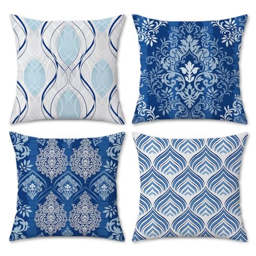 Bonhause Vintage Boho Throw Pillow Covers 18x18 Inch Navy Blue Floral Geometric Striped Decorative Pillows Soft Velvet Cushion Cases for Couch Sofa Bed Home Decor Set of 4