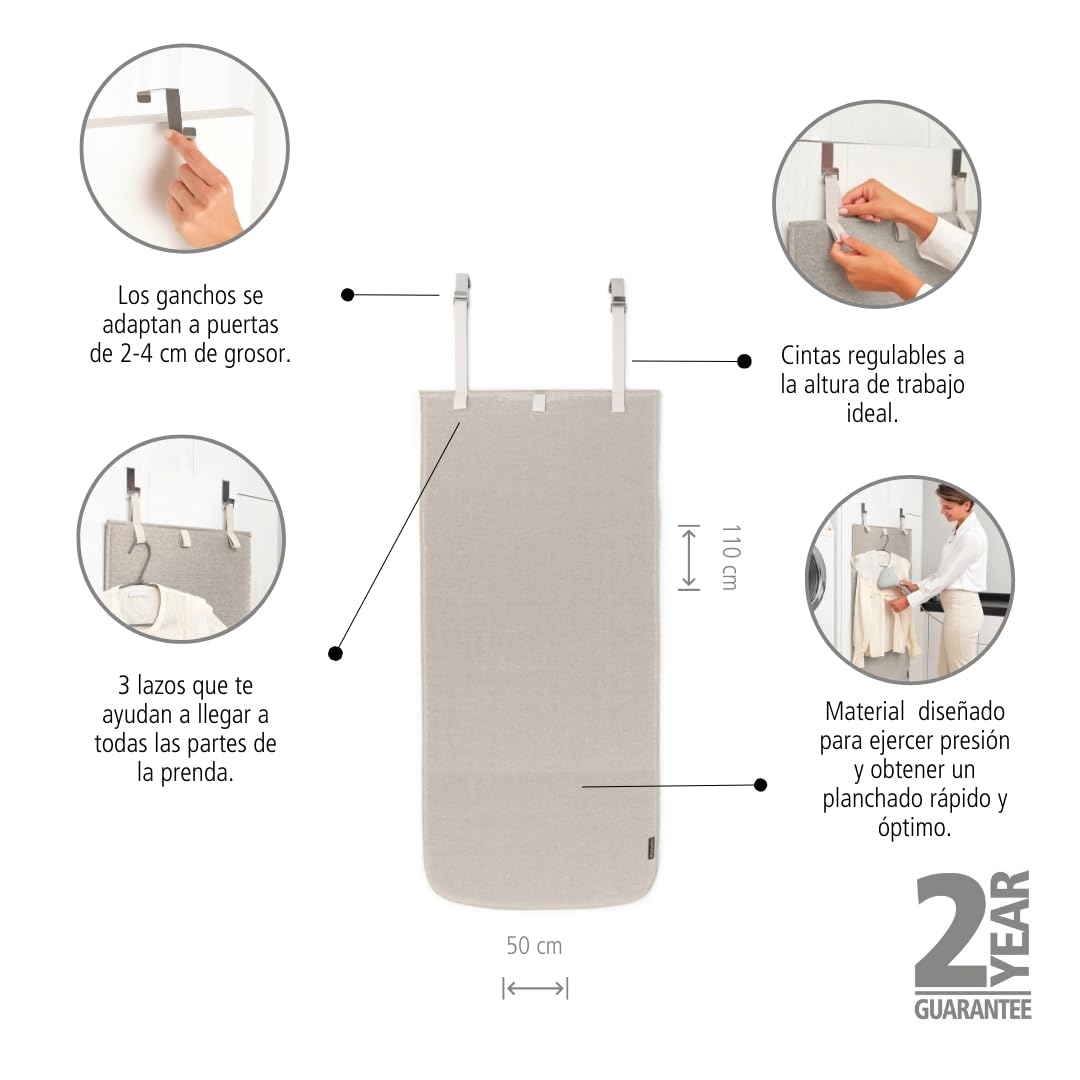 Brabantia - Alfombra para Planchar a lo Vertical - Resiste el Calor - Ganchos para Puerta, Capa Posterior Protectora, Ojales para colgadores - Facilita el Planchado Vertical - 110 cm x 50 cm - Gris