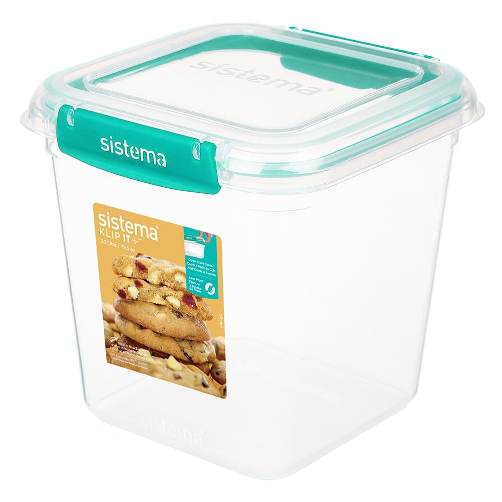 Klip IT Plus Square Food Storage Box, 2.2 Liter Capacity, Minty Teal