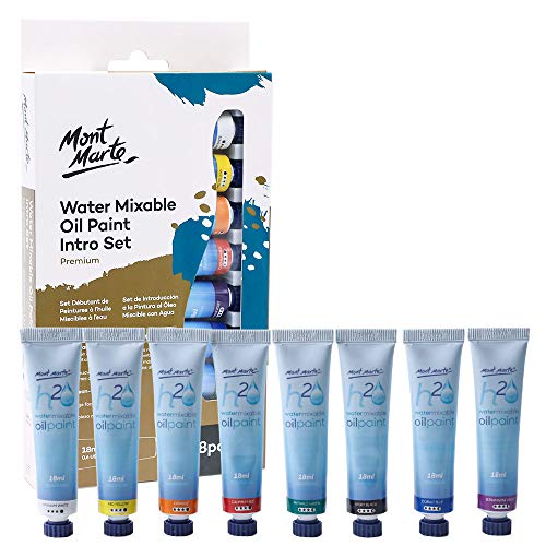 MONT MARTE Premium H2O Water Mixable Oil Paint Set 8 Piece 18ml Tubes. Mixable with a Range of Mediums. Easily Washes Up with Water.