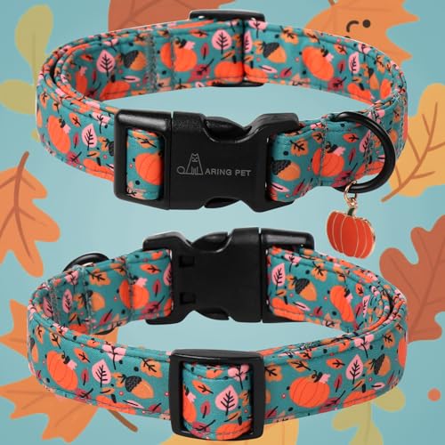ARING PET Halloween Hundehalsband, Niedlich Kürbis Hundehalsband mit Schnellverschluss aus Kunststoffschnalle, Bequemes Grün Baumwoll Halsband für Jungen und Mädchen Hunde