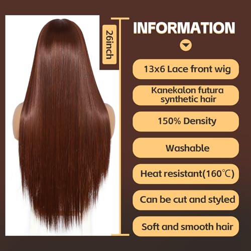 Sapphirewigs 13x6 Straight Lace Front Wigs Reddish Brown Long Straight Wig for Women Lace Front Synthetic Hair 150% Density Party Daily Wear Heat Resistant 26inch - Image 2