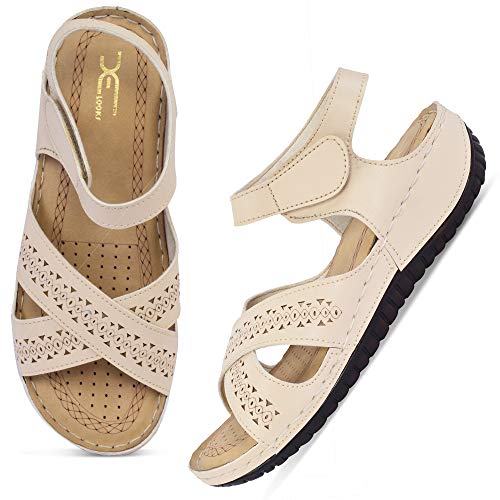 Image of XE Looks Women's Cream Casual Walking Sandals | Elegant Cross Strap with Perforated Detailing | Soft Cushioned Sole | Lightweight & Anti-Slip Design Walking Sandals For Girls & Women