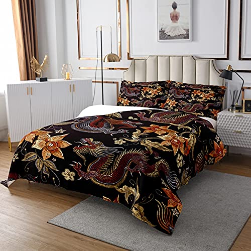 Loussiesd Jungen Drache Tagesdecke 170x210cm Golden Exotisch Blumen Steppdecke für Kinder Chinesisches Erbe Historisches Ostmotiv Bettüberwurf Zinnober Schwarz Schlafzimmer Kollektion 2St - Image 4
