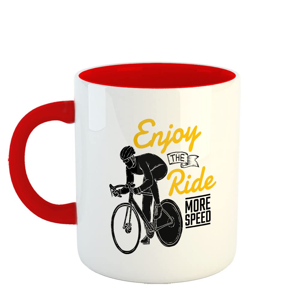 Happu - Printed Ceramic Coffee Mug, Cycling Designs, Enjoy The Ride Mode Speed, Gifts for Cycle to Work Community, Fitness Freak, Cycling Enthutiast, Bicycle Lover, 325 ML(11Oz), 4650-RD