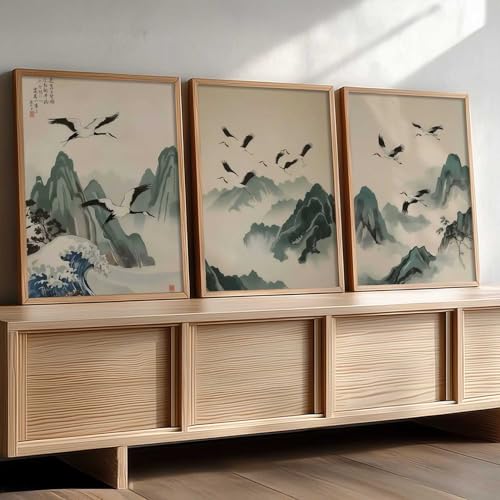 Image of kotart Japanese Nature Art View Framed Poster | Big Aesthetic Nature Art Wall Framed Posters for Living Room Bedroom Wall Decor Set Of 3 (19X25 inch)