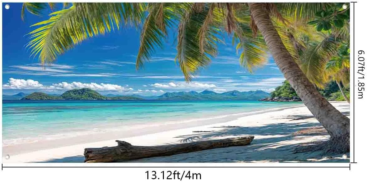 Summer Tropical Beach Garage Door Decorations, Seaside Island Palm Trees Hawaii Scenery Blue Sky Garage Door Cover, Sunshine Luau Themed Party Background Indoor Outdoor Decorations Banner 16X7ft