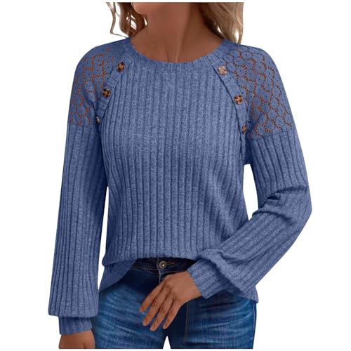 Ribbed Tops for Women Fashion Lace Hollow Out Long Sleeve Sweater Fall Knitted Solid Color Casual Crewneck Tunic 2025