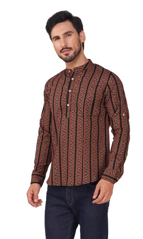 Image of Vastraa Fusion Men's Handloom Weaving Pure Cotton Short Kurta, Round Collar, Full Sleeves,Button Kurta, Ethnic Wear