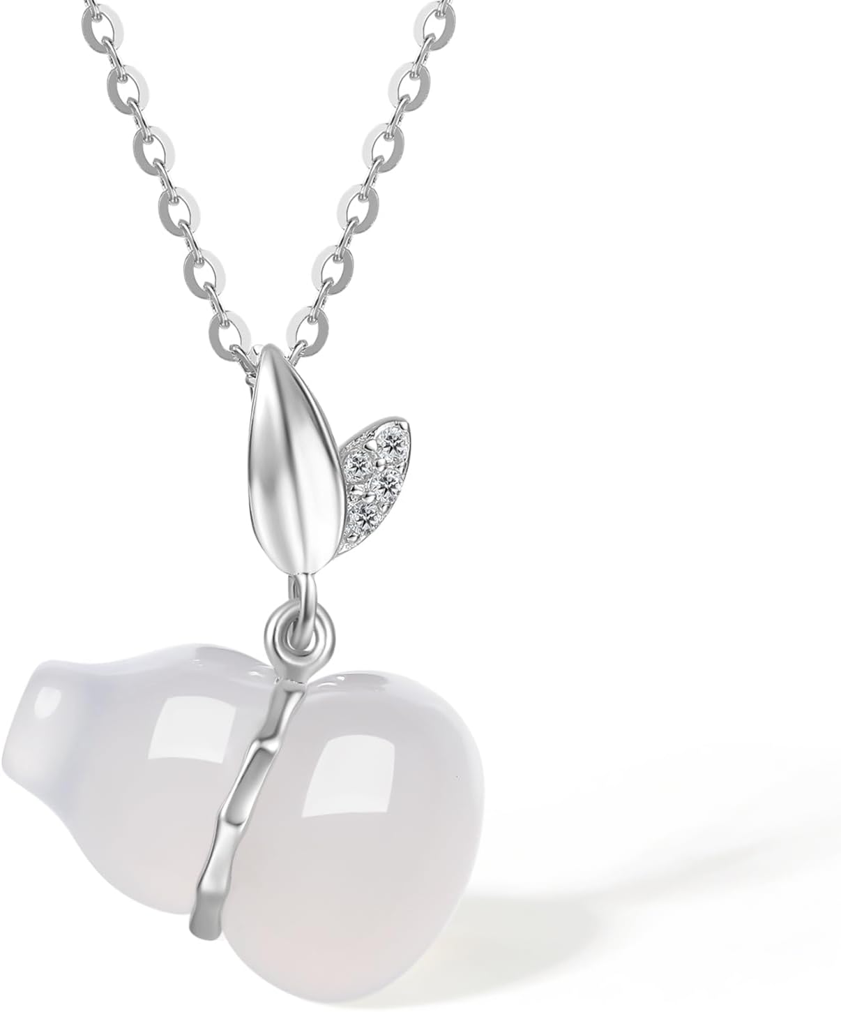 Gourd Silver Necklace Cultural Blessings White Chalcedony Wulu Pendant Necklace Feng Shui Charm Jewelry Gift for Women Lover Anniversary 40+5cm/15.7+2"