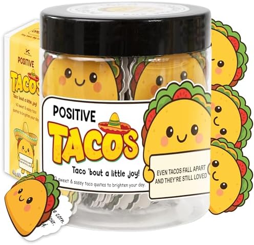Positive Taco Jar – 60 Funny Emotional Uplifting Support Taco Affirmation, Back to School Gifts for Students & Teachers, White Elephant Gifts, Mental Health Gift (Positive Taco)