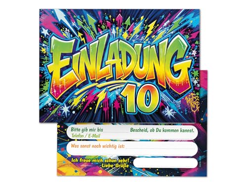 Junaversum 12 Einladungskarten zum 10. Kindergeburtstag Kinder Junge Mädchen Graffiti coole bunte Einladungen zehnte Geburtstag Geburtstagseinladungen Kids