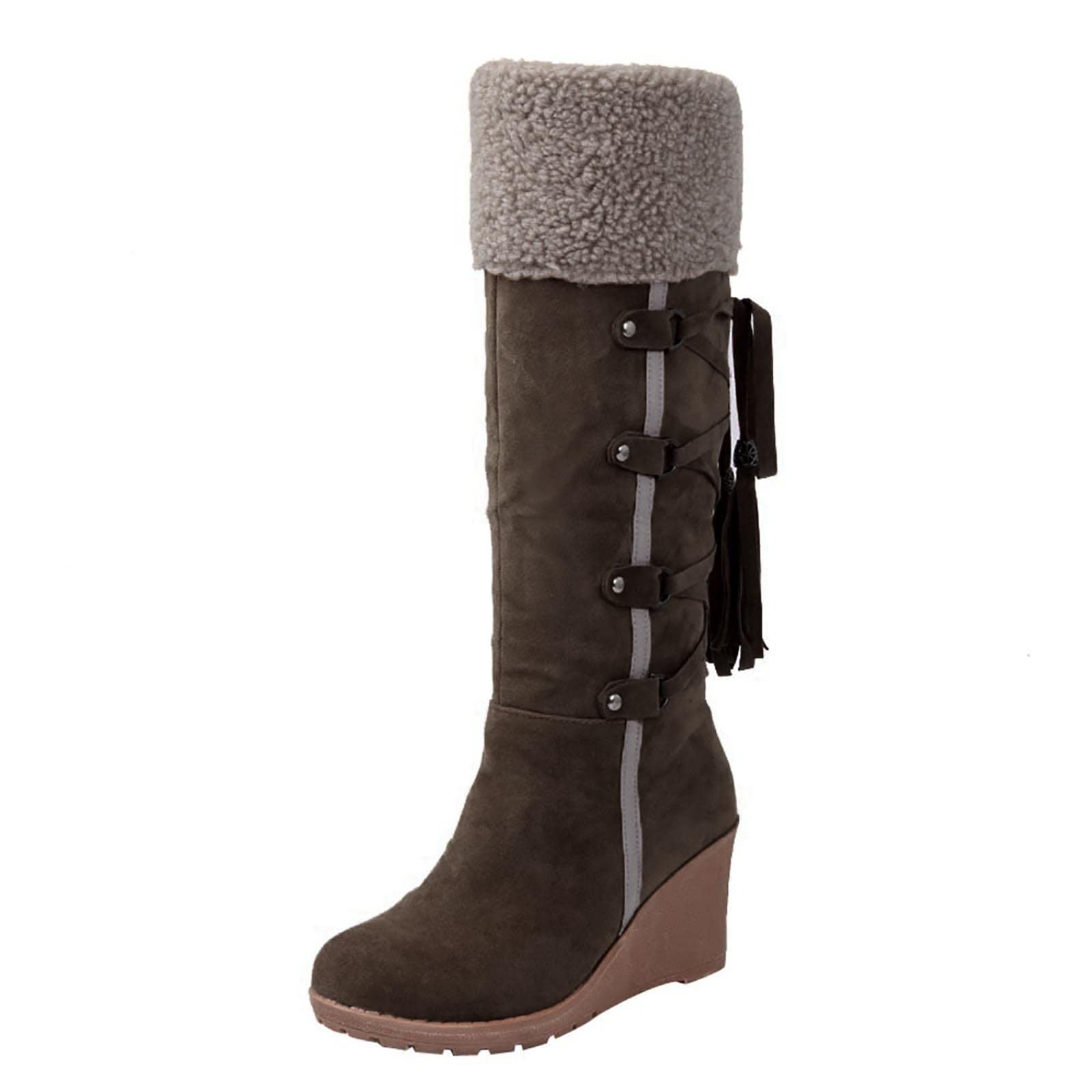 Womens Plush Knee-High Boots Lace-up Fleece Lined Warm Winter Platform High Heeled Suede Tall Long Booties