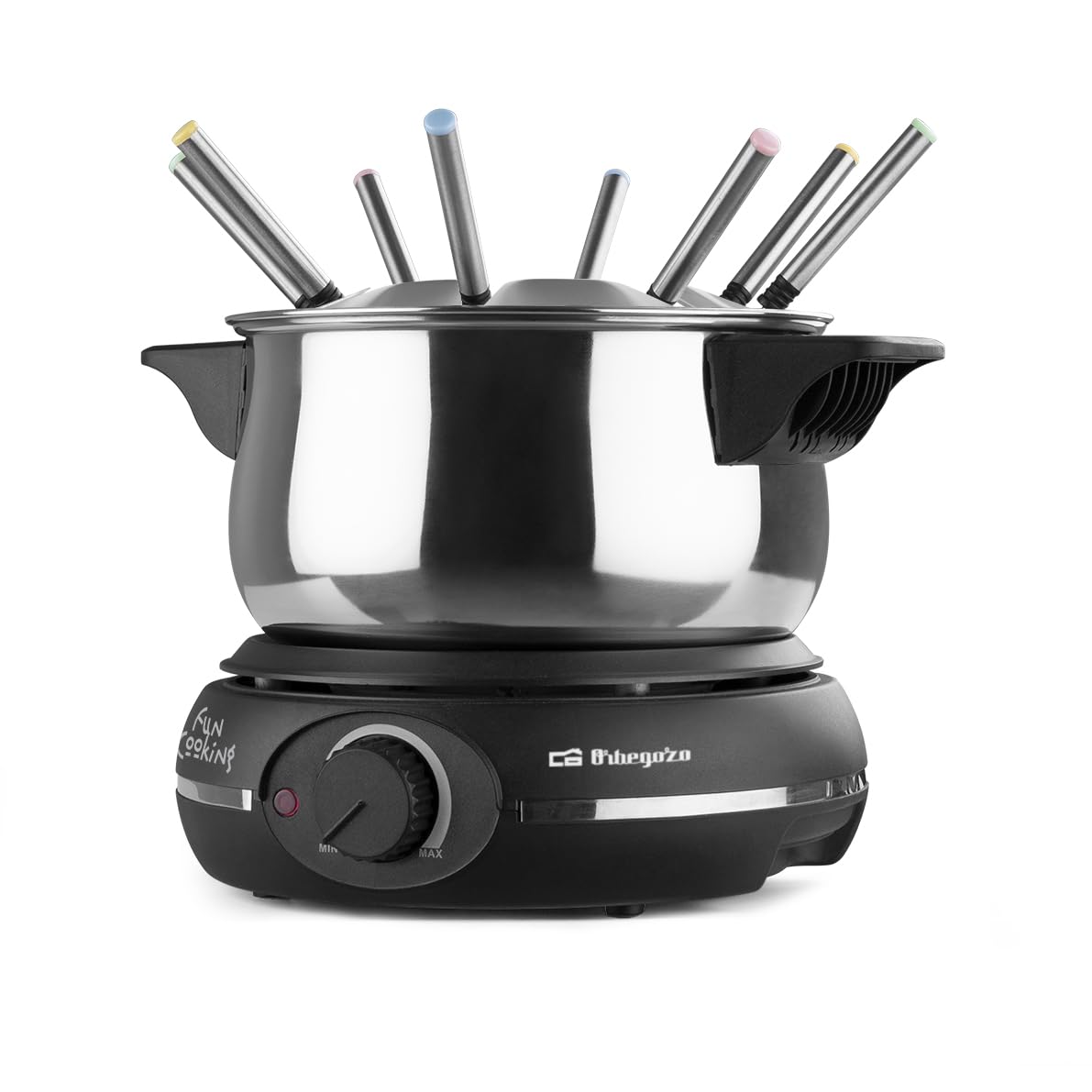 UNOLD 48615 Fondueset - elektrische fondue, wisselpan (roestvrij staal/ keramiek), vleesfondue/Aziatisch, chocoladefondue, kaasfondue, kookplaat, met accessoires, voor 6 personen, zwart/zilver