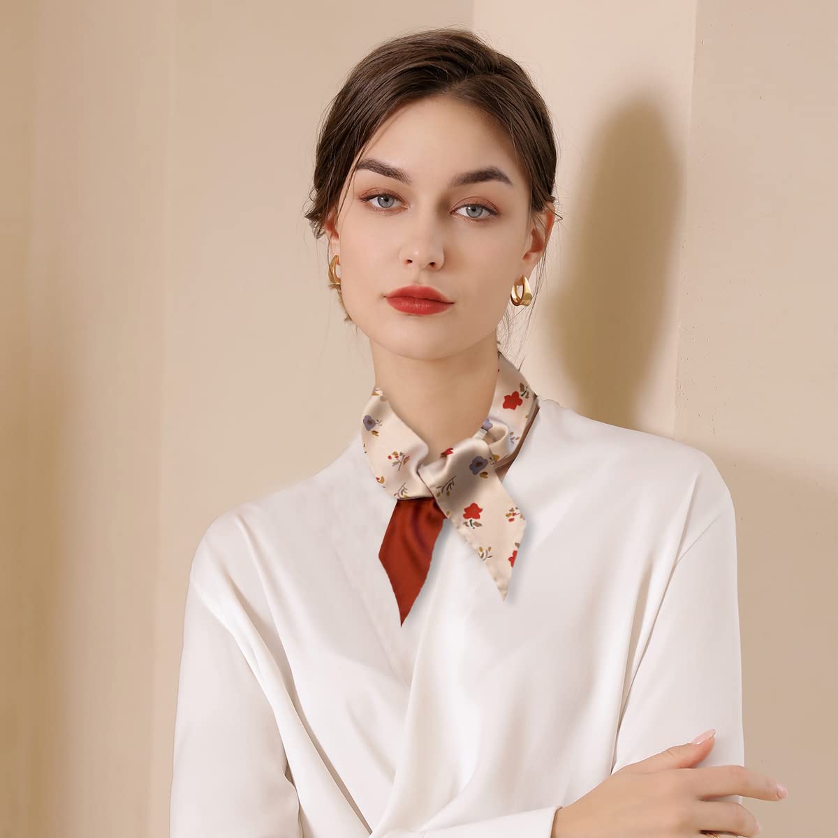 LumiSyne 3 Pezzi Sciarpa Di Seta Stretta Donna Ragazze Lungo Sottile Fazzoletto Da Collo Retro Fresco Stampa Floreale Motivo a Pois Scacchiera Nastro Sciarpa In Raso Copricapo Fascia Per Capelli