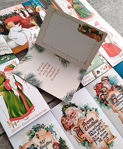 Image of PIXILUV SANTA'S CHRISTMAS SALUTATIONS (Pack of 12) Notecards Small Greeting Cards # Pairs of Santas and Christmas Yuletide Greetings ~ Vintage Christmas Postcards Reprint