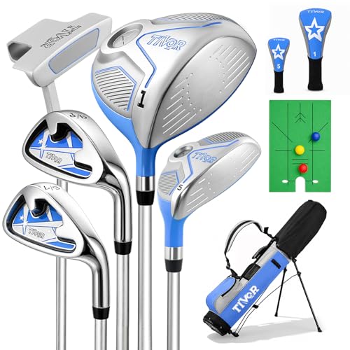 Kids Golf Clubs Set for Ages 9-12 Left Handed Youth Golf Clubs 9 Piece Set with 400cc Driver Hybrid 7 Iron 9 Iron Putter Stand Bag & Practice Mat Junior Golf Clubs for Height 44-410 Blue