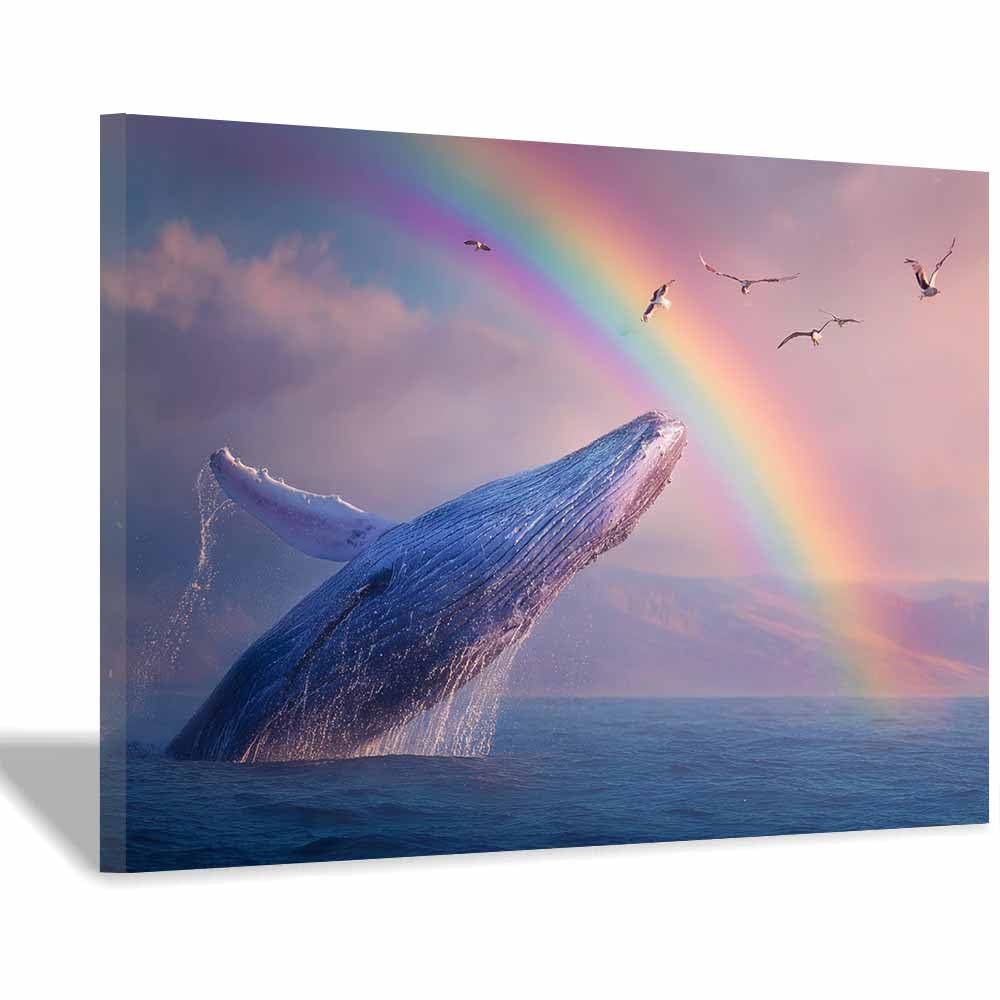HUYEEI Canvas Wall Art Beachs Whales leapsing through rainbows marine animals Seascape Vintage Artwork for Seaside Livings Room Bedroom Bathroom Decor(blue)-60x80cm Framed