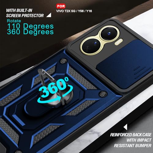 Image of AESTMO Tough Armor Vivo T2X 5G / Y56 5G / Y16 Bumper Back Case Cover | Ring Holder & Sliding Camera Shield Cover | 360 Degree Protection Back Case Cover for Vivo T2X 5G / Y56 5G / Y16 (Blue)