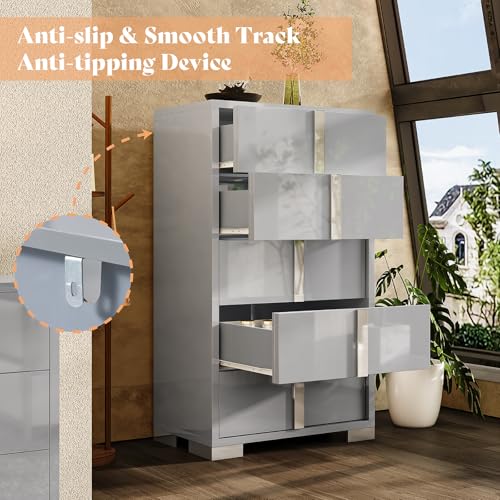 Image of AMERLIFE 50.2 inch H Modern 5 Drawer Dresser, Glossy Surface Chest of Drawers, Large Storage Organizer for Bedroom, Living Room, Cloakroom, Luxury, Light Grey