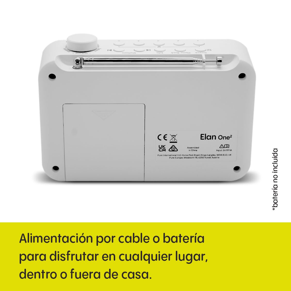 Pure Elan One2 Radio Portátil Dab+/FM con Bluetooth 5.1 (Pantalla LCD, 10 Botones de Memoria, Funciona con 4 Pilas AA) Blanco Algodón