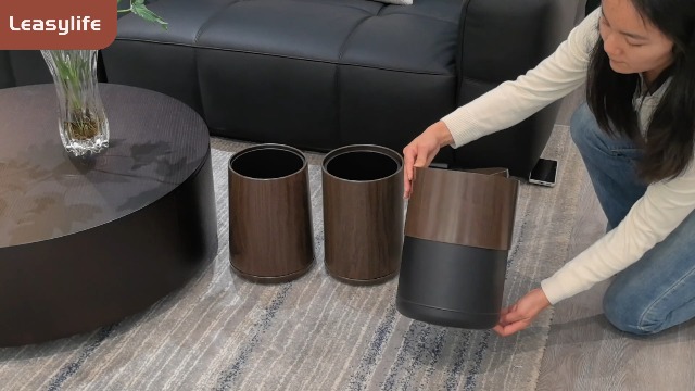 Image of 3.1 GAL Modern Metal Trash Can with Realistic Wood Texture,Built-in Bag Holder,Flip Lid,Small Bathroom Garbage Can for Bathroom,Home,Office,Living Room (3.1gal Swing lid)