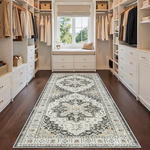 Madane Hallway Runner Rug 4x8 Wide: Washable Thin Runners for Hallways Entry, Non Slip Soft Vintage Kitchen Rugs Low Pile Carpet Runners for Living Room Bedroom Dining Room Foyer (Black, 4x8)