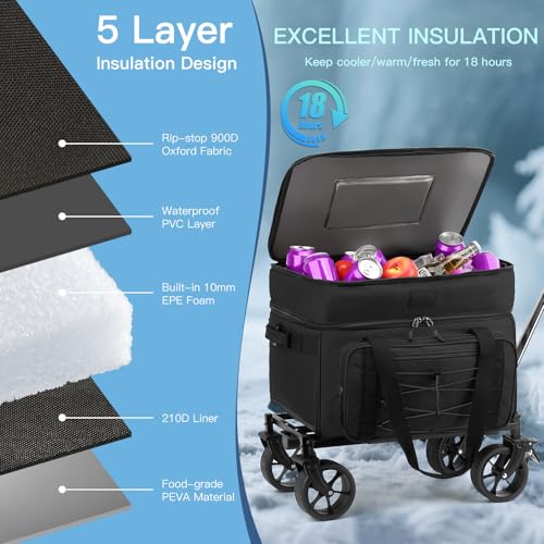 Image of Extra Large Wheeled Portable Cooler Bag 85 Cans Double Deck Heavy Duty Rolling Insulated Cooler with All-Terrain Wheels Leakproof Tactical Soft Sided Cooler for Beach Camping Picnic Travel