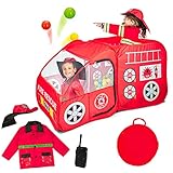 Fire Truck Pop Up Play Tent with Firefighter Costume, Jacket & Hat– Red Fire Engine Playhouse for Kids, Toddlers, Boys, Indoors & Outdoors – Foldable, Quick Setup Pretend Play Toys & Gift