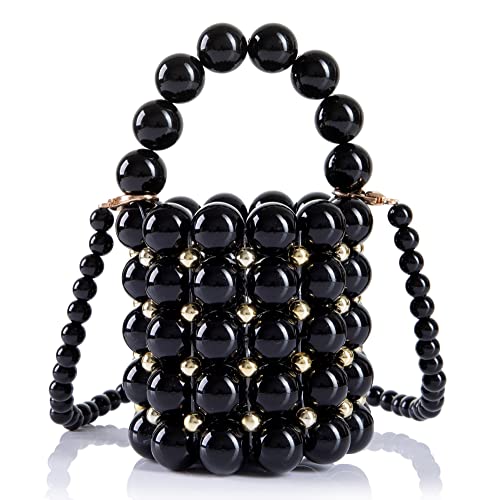 Abvokury Women Beaded Evening Bucket Bag Small Lipstick Handbag with Detachable Chain for Wedding Party (Black)
