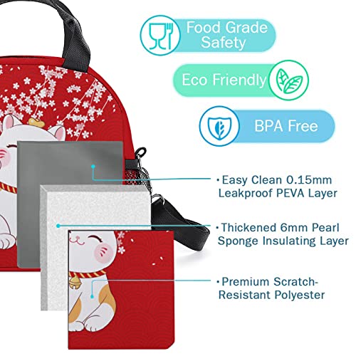 Lucky Cat Lunch Bag, Insulated Red Cat Lunch Box With Shoulder Strap, Large Capacity Durable Lunch Tote Bag With Pockets, Waterproof Lunch Bag For Women Teens Girls Mom(Lucky Cat) #TOP3