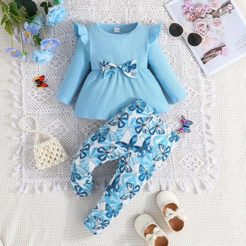 Baby Girls Knit Sweater Pants Sets 2pc Plain Cotton Fall Pullover Sweater with Bow Print Jogger Sweatpants Outfits2