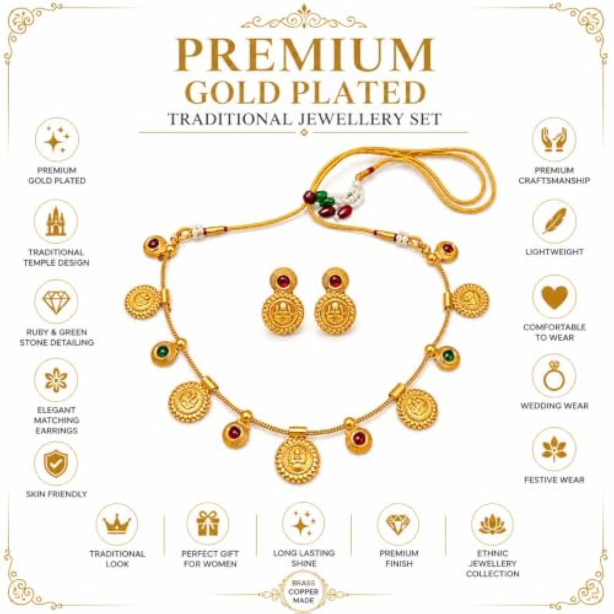 Women's Gold Brass & Copper Temple Coin Necklace Set with Lakshmi Pendant
