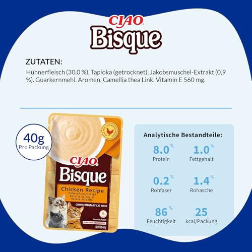 INABA Ciao Bisque Katzenfutter Nass mit 30% Hühnerfleisch und 86% Feuchtigkeit | Getreidefrei, Zuckerfrei, Keine Nebenerzeugnisse | Cremige Paste und Leckere Katzensuppe aus Japan 40 g (1er Pack)