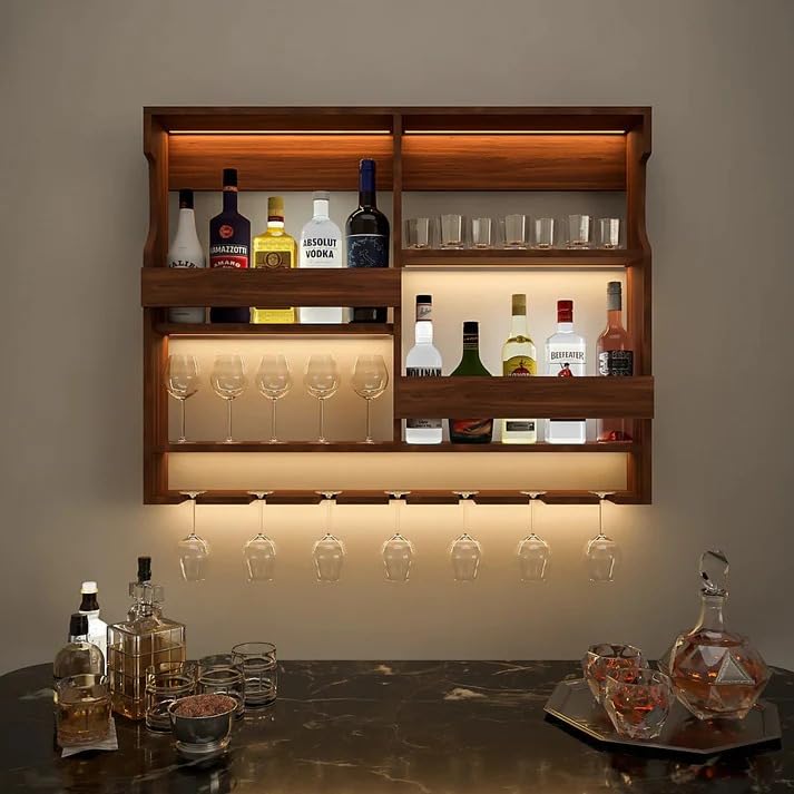 Image of WELL KNOWN Sheeshm Wooden Mini Bar Cabinet for Home Wall Mounted Wine Rack, Bar Cabinet with Glass Storage,Upside Down Glass Wall Hanging Wine Rack /Holder Organizer for Restaurant and Hotel | Natural