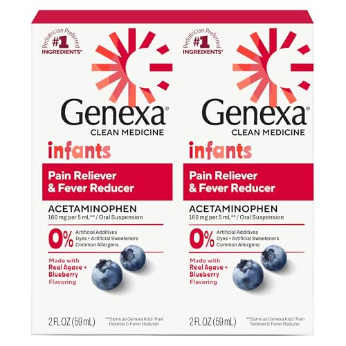 Image of Genexa Infants' Clean Acetaminophen | Pediatrician Preferred Ingredients | Pain Reliever & Fever Reducer for Babies | Dye Free, 0% Artificial Additives | Organic Blueberry Flavor, 4 fl oz (2 Pack)