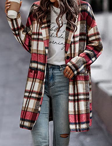 Seekme Women Flannel Plaid Shacket Jacket Shirt Casual Lapel Button Down Wool Blend Coat(1374-Red-Xl-Fy) #TOP1