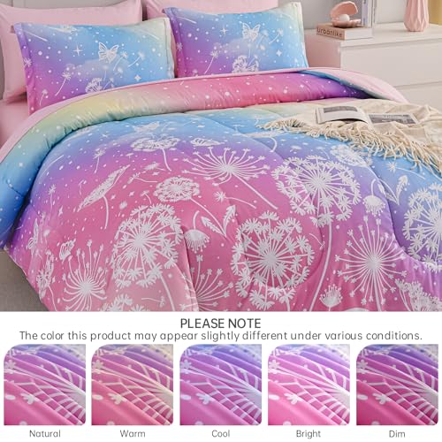 Image of Dinjoy Girls Comforter Set 5 Pieces, Twin Size Colorful Ombre Rainbow Bedding Set, Bed in A Bag for Kid Teen Girls (1 Comforter, 1 Flat Sheet, 1 Fitted Sheet, 1 Pillow Shams, 1 Pillowcases)
