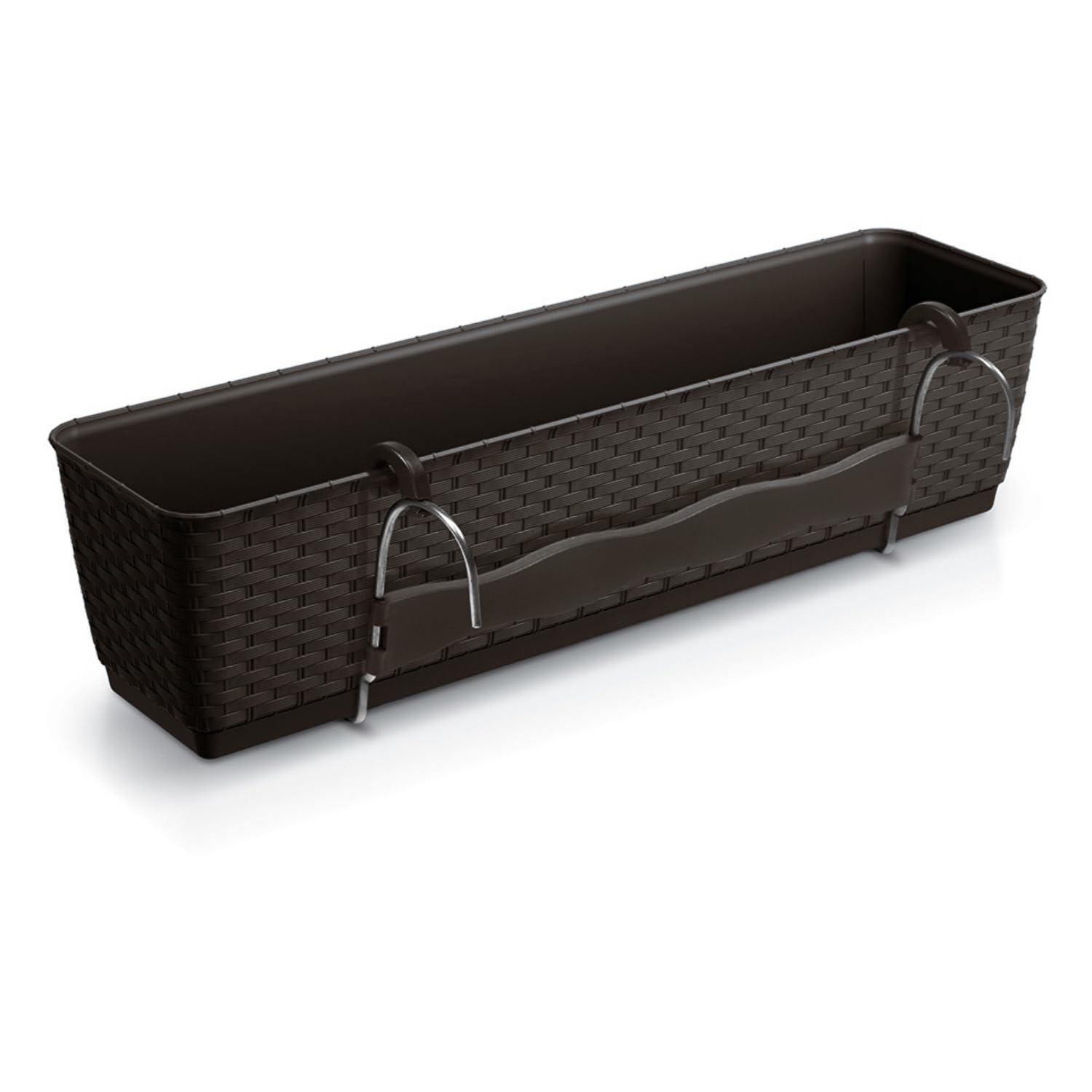 Hanging Rattan-Style Self Watering Flower Box Planter Rectangular Plastic Balcony & Fence Basket with Hooks – Weather-Resistant Indoor/Outdoor Window Box (Umber, L59cm x W15.4cm x H14.2cm)