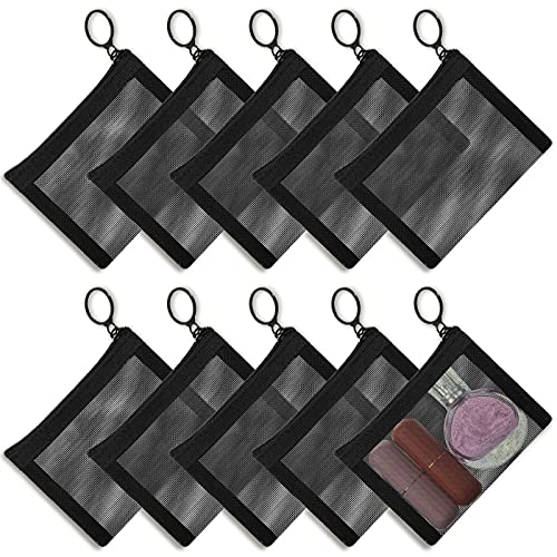 10 Pieces Mini Zipper Mesh Bags Keychain Pouch Key Holder Small Mesh Pouch Nylon Mesh Coin Purse Portable Cosmetic Case Mesh Storage Bags with Key Holder for Travel Home Container (5 x 4 Inch, Black)