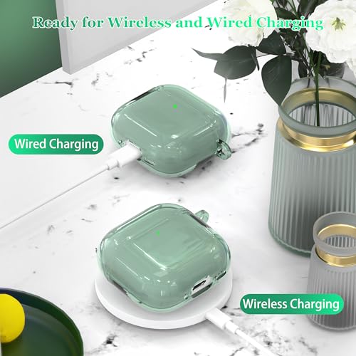 Image of for AirPods 4th Generation Case Cover 2024, Military-Grade Shockproof, Soft TPU Highly Transparent Anti-Yellowing for AirPods 4 Case with Cleaning Kit & Cute Round Buckle, Clear Green