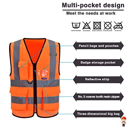Image of ANSI /ISEA Standard Class 2 Hi-Vis Vest, Clear ID, Zip, Orange, 2XL | Orange 2XL Class 2 safety vest with 7 pockets, reinforced pockets and front zipper for railway operations and road work.