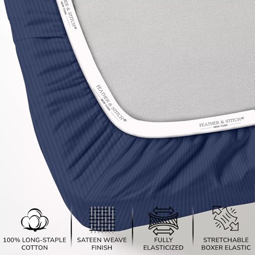 Image of Feather & Stitch 500 TC Split King Size Bed Sheet Set, 100% Cotton Soft Breathable Bedsheets, 5 Piece 18 inch Deep Pockets Sateen Weave Striped Bedding Mattress Resort Hotel Luxury - (Dark Blue Stripe)