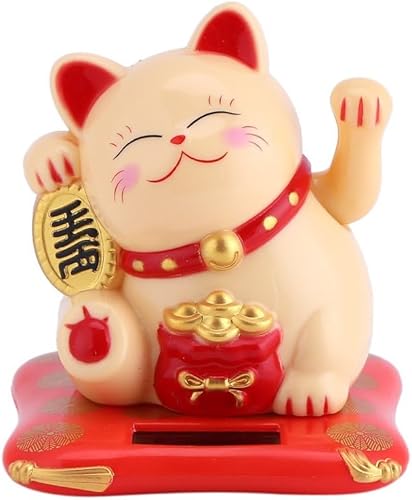 Lucky Cat Solar Powered, Maneki Neko with Waving Arm Money and Good Lucky Fortunate Cat Figurines Collectibles for Feng Shui Home Display Car Decor