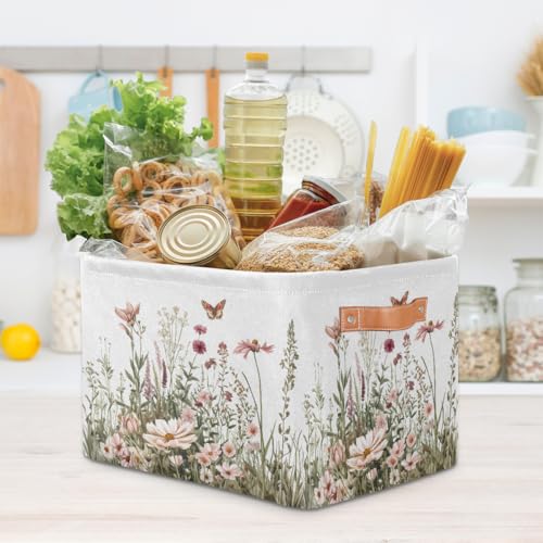 Image of Spring Wildflowers Storage Baskets for Organizing, Fabric Collapsible Storage Bins Box Plants Floral Decorative Toy Organizer Baskets for Closet Shelves Gift Basket 2Pcs