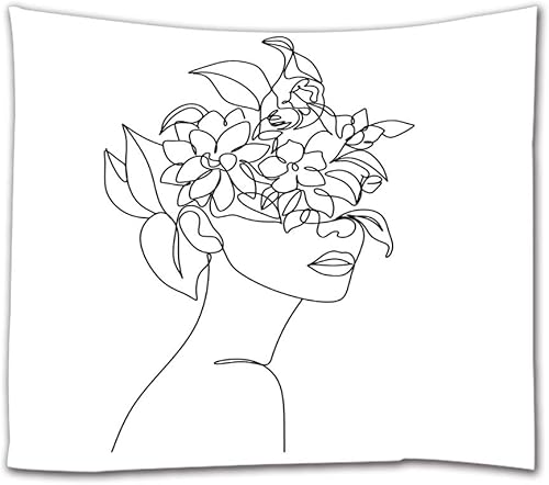 Miniatura 2 de IcosaMro Tapiz blanco y negro para colgar en la pared de dormitorio dobladillos doblados Cara abstracta de mujer con flores, decoración del hogar